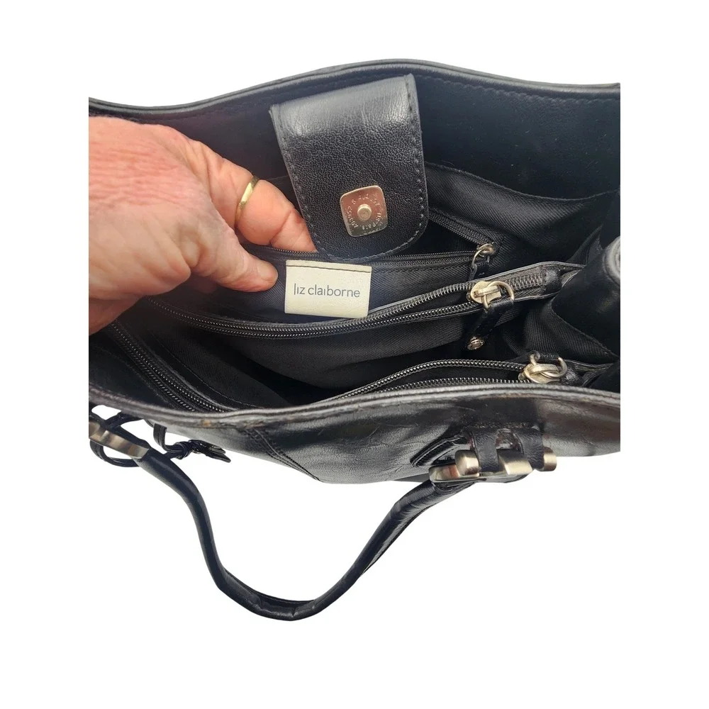 Liz Claiborne Black Faux Leather Multi Compartment Shoulder Bag Tote LC.1441.P